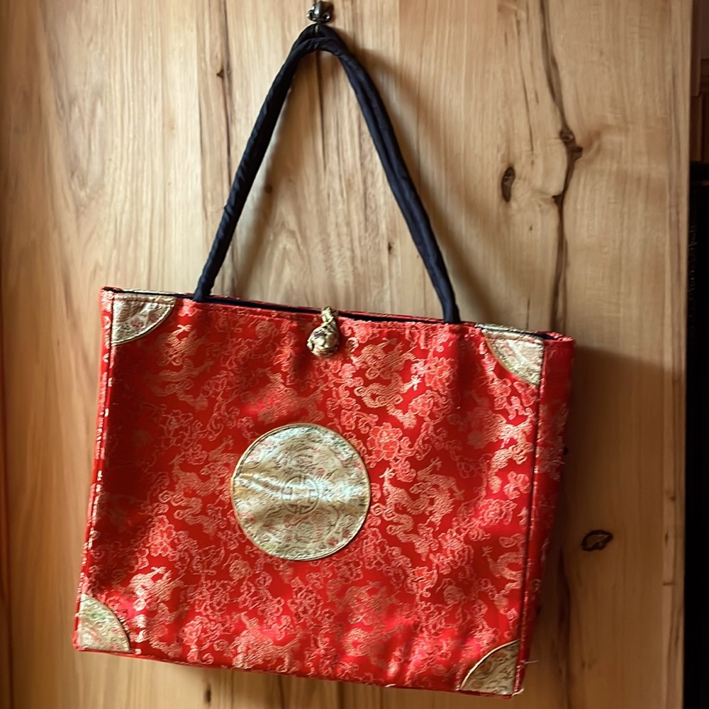 Red, gold, and black satin print‎ tote bag